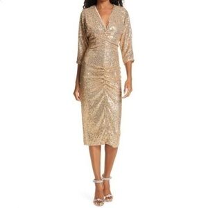 IORANE Ruched Front V-Neck Sequin Midi Dress in Bright gold Size S